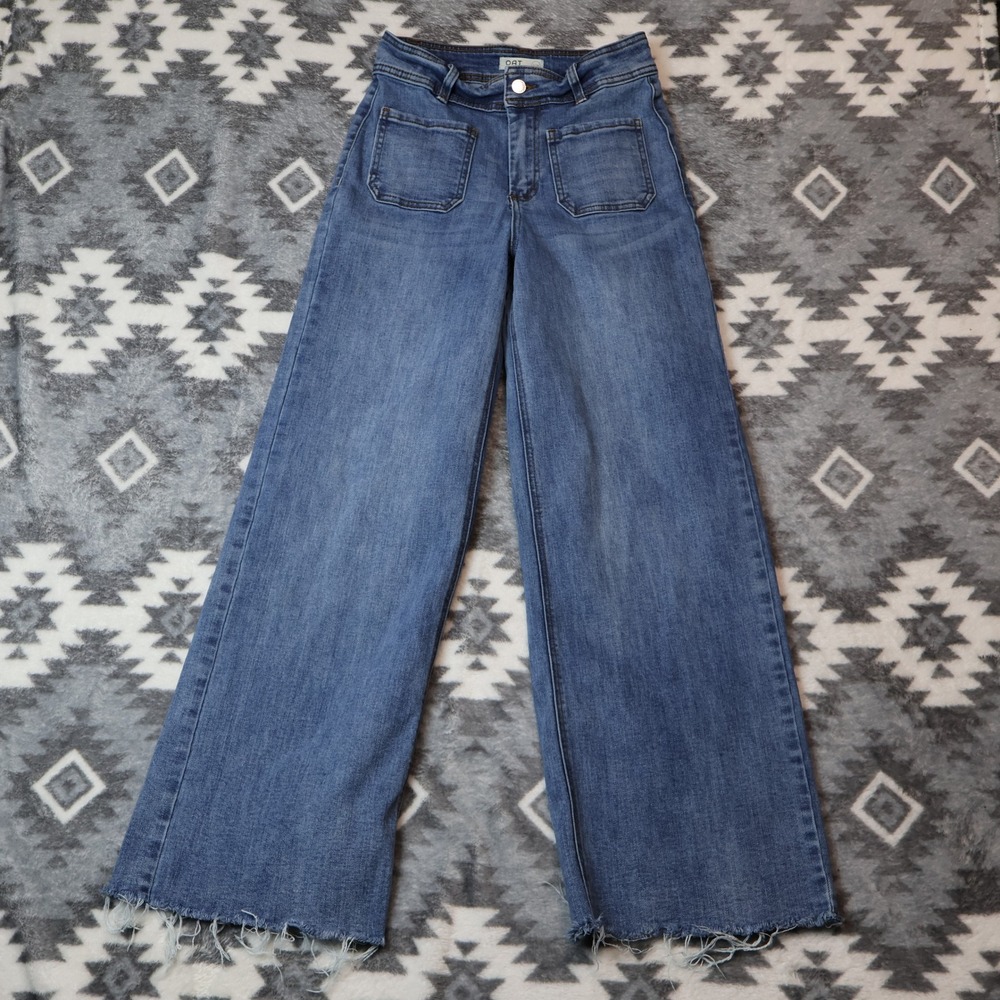 OAT New York Wide Leg Patch Pocket Raw Hem Jeans Medium Wash 2/26 26x27"